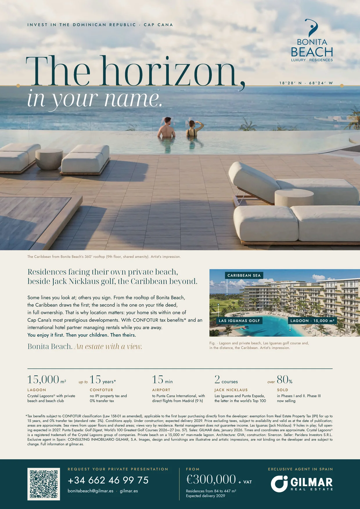 Página A4 de Bonita Beach, versión EN: titular «The horizon, in your name.», render del rooftop con la línea de firma sobre el horizonte, ficha de cinco cifras y pie de GILMAR.