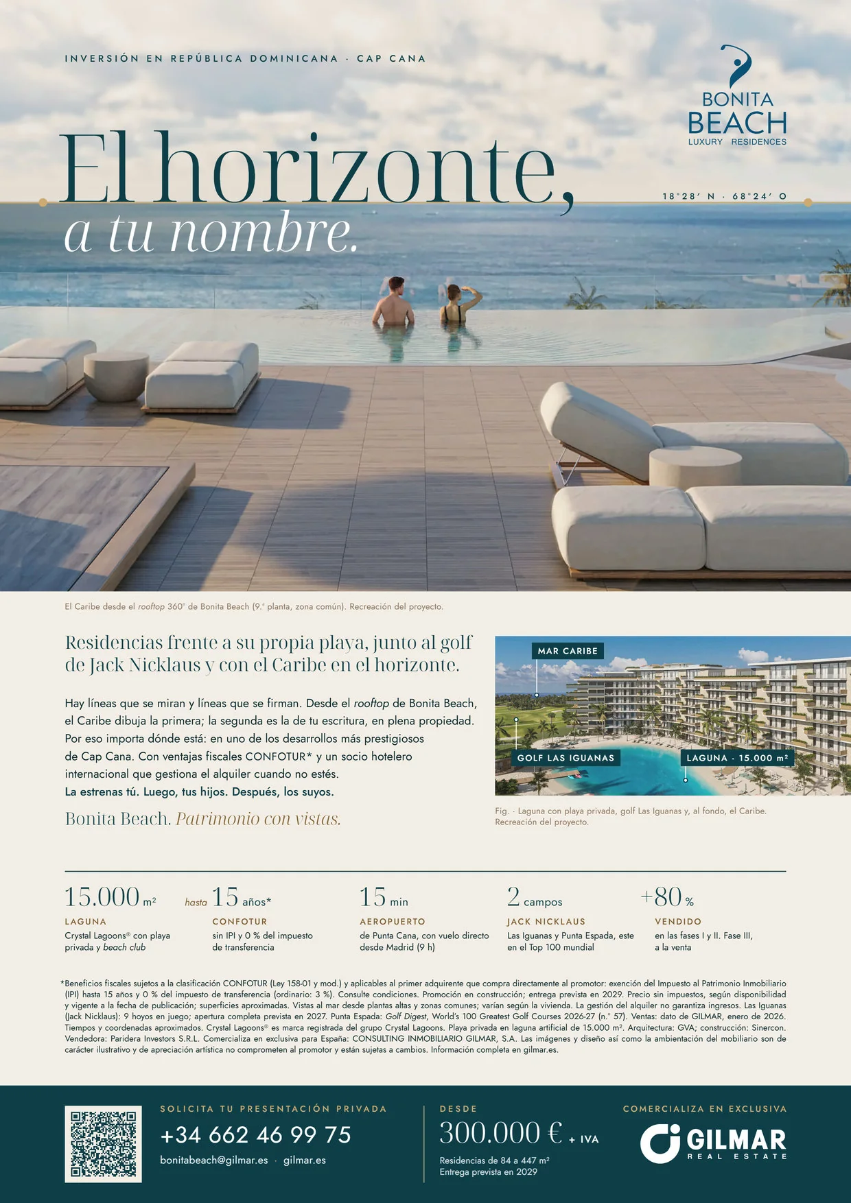 Página A4 de Bonita Beach, versión ES · tú: titular «El horizonte, a tu nombre.», render del rooftop con la línea de firma sobre el horizonte, ficha de cinco cifras y pie de GILMAR.