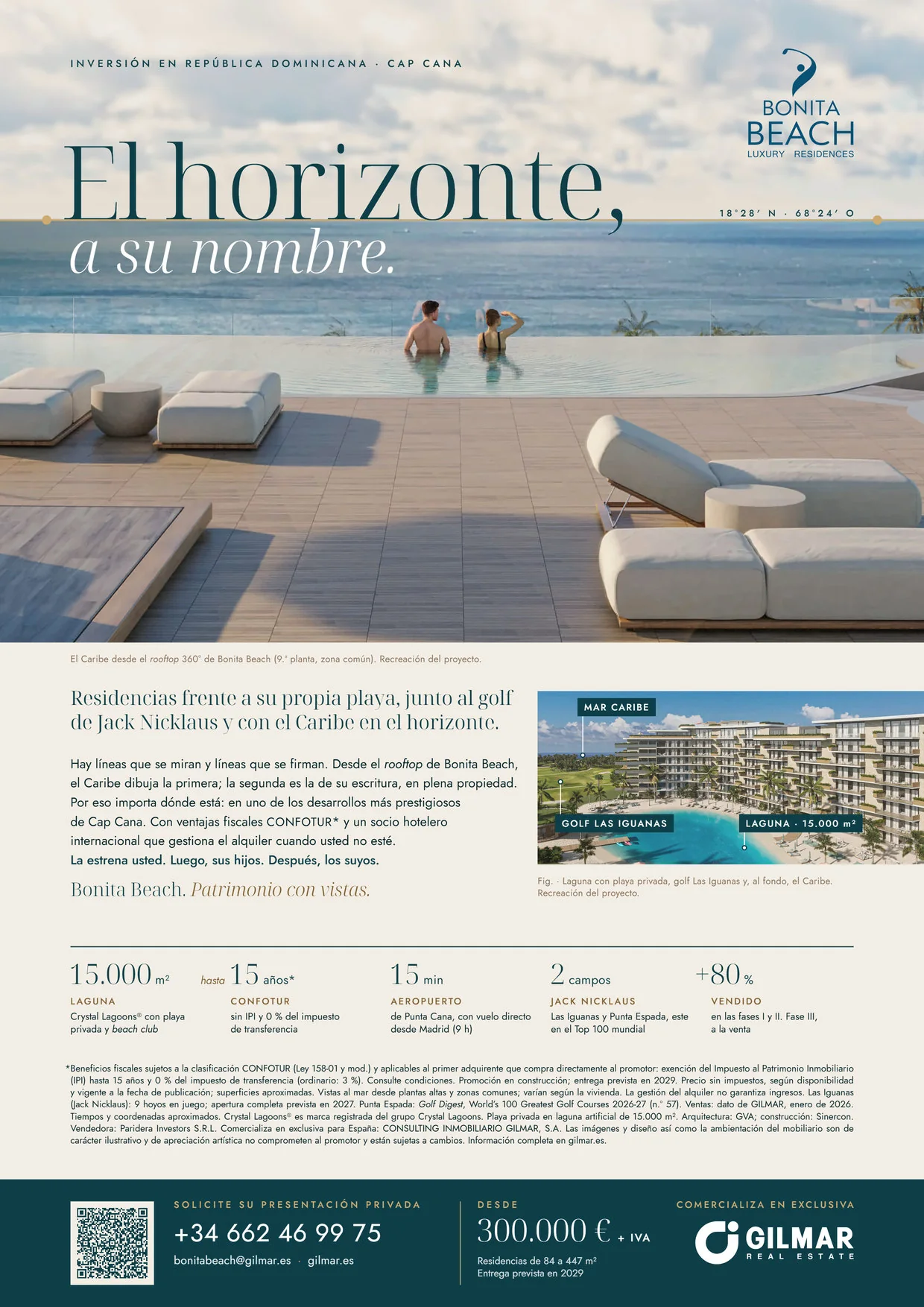 Página A4 de Bonita Beach, versión ES · usted: titular «El horizonte, a su nombre.», render del rooftop con la línea de firma sobre el horizonte, ficha de cinco cifras y pie de GILMAR.