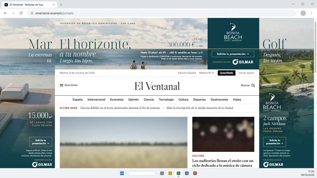Montaje del Brand Day a 1536 píxeles: se ven el legal, la firma y «Comercializa GILMAR» de los dos skys.