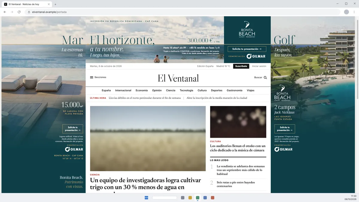 Montaje del Brand Day: billboard y dos skys en U sobre un portal genérico a 1920 píxeles.